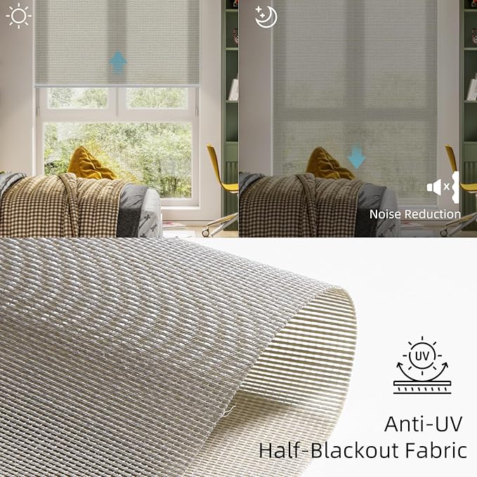 SmartWings Motorized Roller Shade, 50% Light Filtering Smart Window Blinds Semi-Blackout PVC Free Work with Apple Homekit Alexa Matter Z-Wave Zigbee Google Home, Remote Control Electric Blind, Stone