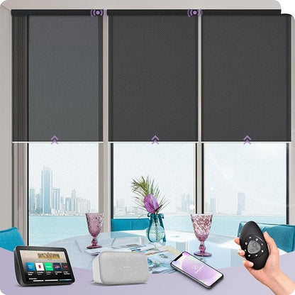 Graywind Motorized Solar Shades Compatible with Alexa Google Remote Electric Window Shade Fireproof Smart Roller Blinds with Valance for Home Office Patio, Custom Size (5% Openness Black)