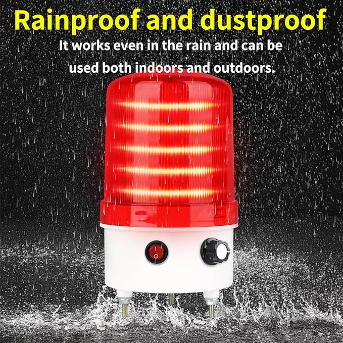 Industrial LED Rotating Warning Light, AC110V-120V Red Strobe Light for Public Emergency Alarms, Indoor/Outdoor Safety Siren with Volume Adjustment/Plug and Buzzer