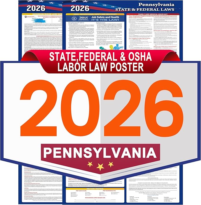 Pennsylvania Labor Law Poster Set 2026,Federal and OSHA Compliant Laminated Post,All in One Required Compliance Posting 17" x 40" English Version 2PCS - Ideal for Posting in The Workplace