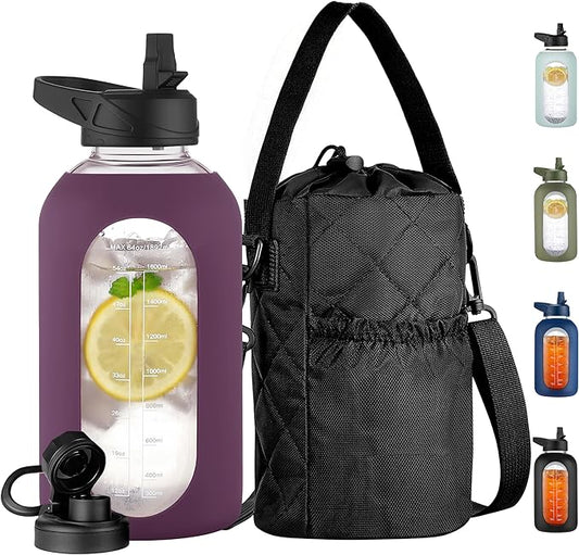CIVAGO Half Gallon Glass Water Bottle with Straw and Insulated Bottle Holder Sling, 64 oz Motivational Water jug with Time Marker and Silicone Sleeve, Water Flask with 2 Lids, Mauve