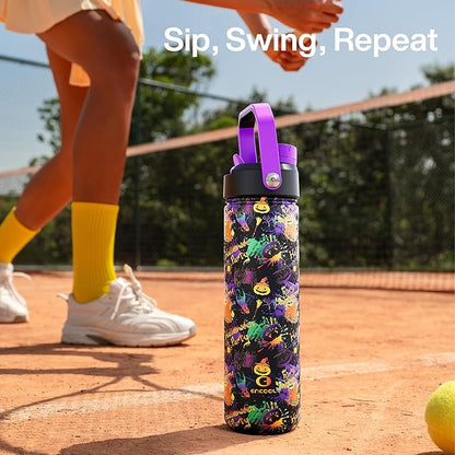 ENCOOL Insulated Water Bottle with Straw Stainless Steel Water Bottle, Leak-Proof, BPA-Free, Double Wall Vacuum Keeps Cold for 24 Hours for Sports, Travel, School (26 oz, Ghost Party)