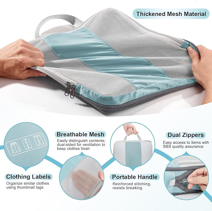 8 Set Compression Packing Cubes for Travel Essentials,Compressible Expandable Packing Cubes for Suitcase,OlarHike Luggage Organizer Bags for Travel,Handy Helper for Organizing Clothes(Blue Gray)