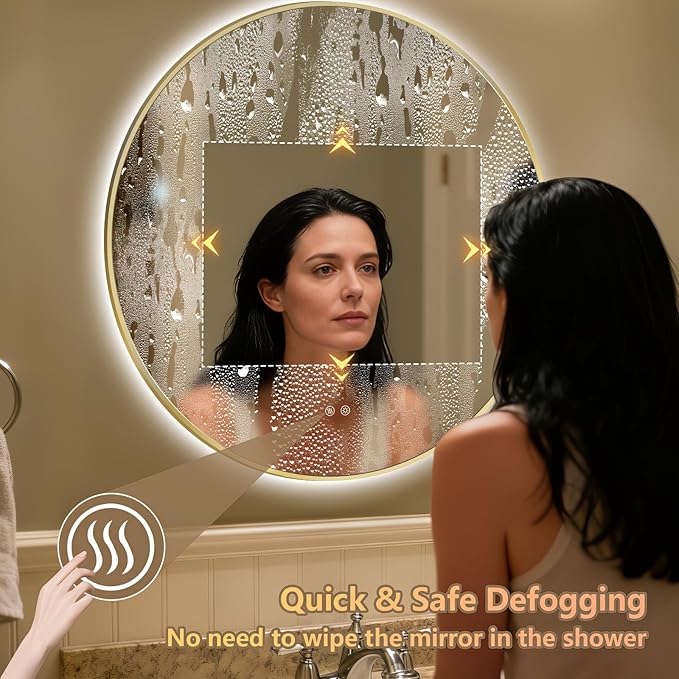 Niccy Round Led Mirror for Bathroom, 40" Backlit Mirrors for Wall Circle Lighted Mirror with Old Gold Frame Anti-Fog, 3 Colors, HD Glass and IP65 Waterproof