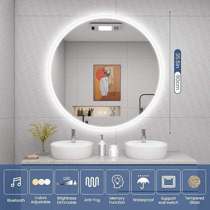 STARLEAD 36" LED-Bathroom-Mirror-with-Lights, Wall-Mounted with Bluetooth Speaker, Anti-Fog, 3 Color Temperature, Dimmable Brightness, Waterproof, Tempered Glass, Frontlit & Backlit, Round