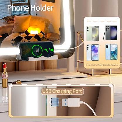 Hasipu Vanity Mirror with Lights and Bluetooth Speaker, 27.6" x 19.7" LED Makeup Mirror, Light up Mirror with 10X Magnification, USB Charging Port, Smart Touch 3 Colors Dimmable (White)