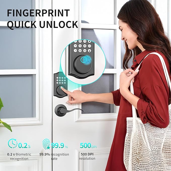 Keyless Entry Door Lock Deadbolt with Handle Set,Fingerprint Smart Locks for Front Door,Backlit Digital Keypad Deadbolt with 2 Keys - Auto Locking - Easy Installation-Left/Right Doors (Matte Black)