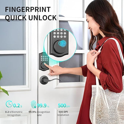 Keyless Entry Door Lock Deadbolt with Handle Set,Fingerprint Smart Locks for Front Door,Backlit Digital Keypad Deadbolt with 2 Keys - Auto Locking - Easy Installation-Left/Right Doors (Matte Black)