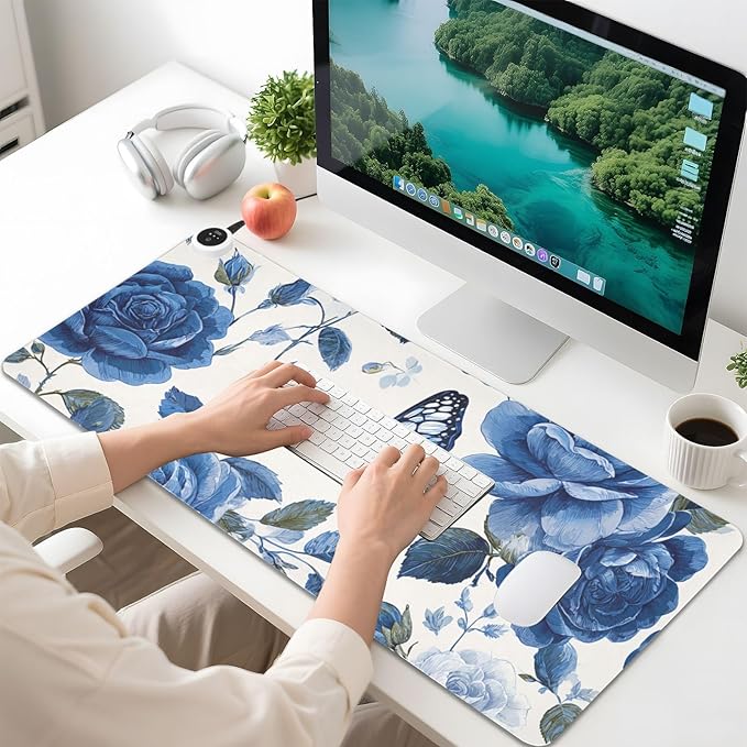 Heated Desk Pad Mouse Pad 31.5x13 Inch PU Leather Desk Mat with 3 Heat Levels Large Mouse Gaming Computer Laptop Mat Blue White Rose Flowers Butterfly