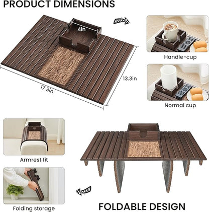 Bamboo Sofa Arm Tray Table, Foldable Couch Cup Holder, Anti-Slip Wide Couch Arm Tray Aremrest Table for Drink, Cup, Remote, Snacks, Cellphone, Portable, Brown
