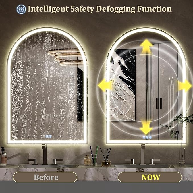 BEAUTYPEAK 40x30 LED Arch Bathroom Mirror with Lights, Anti-Fog, Dimmable, Backlit + Front Lit, Lighted Bathroom Vanity Mirror for Wall, 3 Colors, Memory Function, Tempered Glass, Shatter-Proof