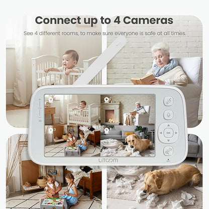 litokam 4MP Baby Monitor with 2 Cameras and Audio, 5-inch 1080P Split-Screen, No WiFi & 5G/2.4G WiFi, Remote Pan-Tilt-Zoom, Night Vision, VOX, Temperature Sensor, 2-Way Talk, 7 Lullabies, 1000ft Range