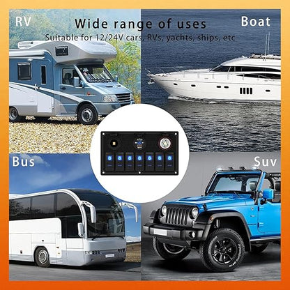 Marine Boat Rocker Switch Panel,Waterproof 7 Gang Toggle Switch Panel with Dual USB and Voltmeter Panel for RVs, Cars, Boats, Trucks,Trailers - 12-24V