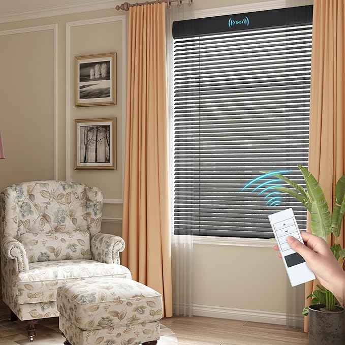 Motorized Cordless Aluminum Blinds with Remote, Automatic Room Darkening Horizontal Blinds for Indoor Windows, Light Adjustment Waterproof Blinds, Customized for Home Office, Black