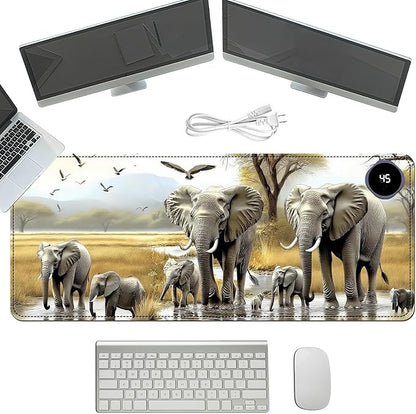Heated Mouse Pad with 3 Temperature Settings(104°F–122°F),Large 31.5x13 Inch PU Leather Heated Desk Mat,Waterproof Warming Pad for Office,Gaming & Cold Hands Relief,Elephant Herd