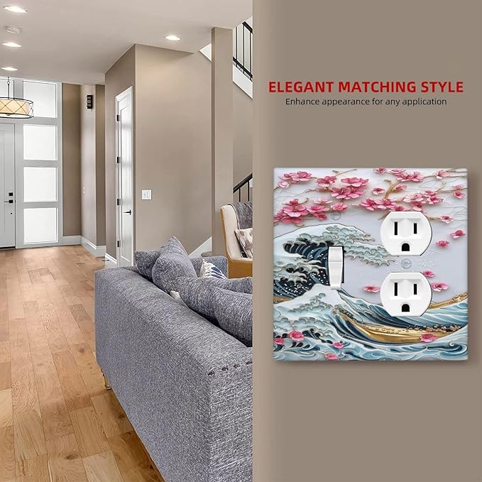 Wallplates The Great Wave Off Kanagawa With Sakura 1 Toggle 1 Duplex Switch Plate Electrical GFCI Faceplate Decorative Light Switch Covers for Bedroom Bathroom Decor