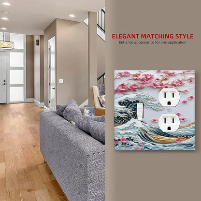 Wallplates The Great Wave Off Kanagawa With Sakura 1 Toggle 1 Duplex Switch Plate Electrical GFCI Faceplate Decorative Light Switch Covers for Bedroom Bathroom Decor