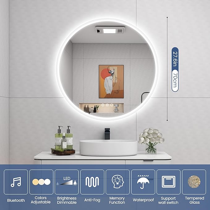 STARLEAD 28" LED-Bathroom-Mirror-with-Lights, Wall-Mounted with Bluetooth Speaker, Anti-Fog, 3 Color Temperature, Dimmable Brightness, Waterproof, Tempered Glass, Frontlit & Backlit, Round