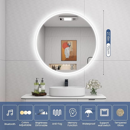 STARLEAD 28" LED-Bathroom-Mirror-with-Lights, Wall-Mounted with Bluetooth Speaker, Anti-Fog, 3 Color Temperature, Dimmable Brightness, Waterproof, Tempered Glass, Frontlit & Backlit, Round