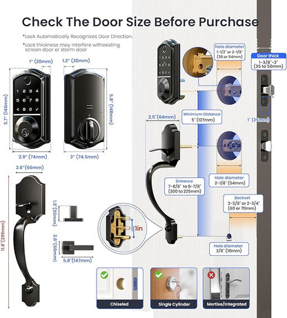 Veise VE017-H Fingerprint Smart Front Door Lock Set, App Control, Keyless Entry Deadbolt with Handle, Smart Deadbolt, Emergency Power Port, Touchscreen Keypad, Auto Lock, Easy Install, Matte Black