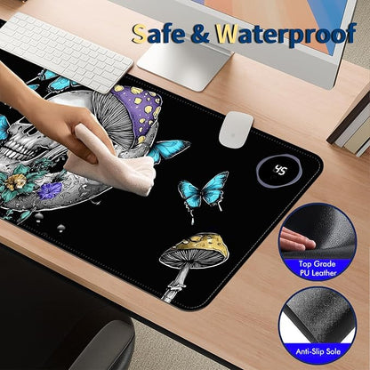 Heated Mouse Pad with 3 Temperature Settings(104°F–122°F),Large 31.5x13 Inch PU Leather Heated Desk Mat,Waterproof Warming Pad for Office,Gaming & Cold Hands Relief,Skeleton Moon Mushroom