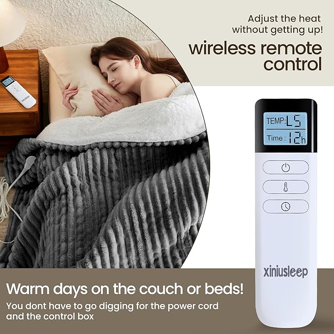 Heated Blanket Electric Blanket 62"x84", Soft Flannel Sherpa Electric Throw with 5 Heating Level & 12 Times Setting, Heated Throw with Overheating Protection, Machine Washable (Grey)