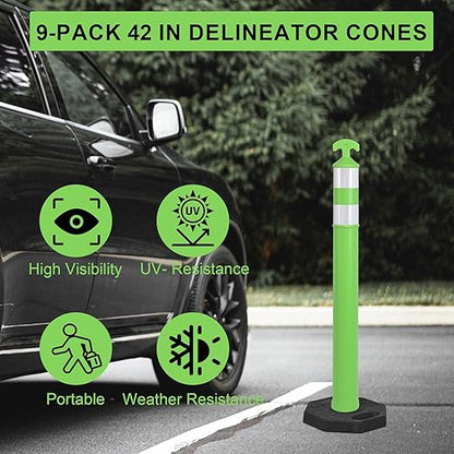 OrangeStar 9-Pack 42" Traffic Delineator Post Cones with Heavy Duty Rubber Base, Green Safety Cones for Road, Parking Lot, Warehouse, Construction Zone Safety