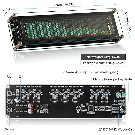 Nobsound AK2515 Pro Audio Spectrum Analyzer with VFD Display, MIC Input & Advanced AGC - Precise Sound Level Meter for Musicians and Audio Enthusiasts