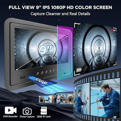 Sewer Camera, Self-Leveling Drain Camera with 7mm Thicker Cable, 100ft/30M Range, 9" 1080P HD Monitor, IP68 Waterproof for Pipe Inspection, DVR Snake Cam with Distance Counter & 32GB Card