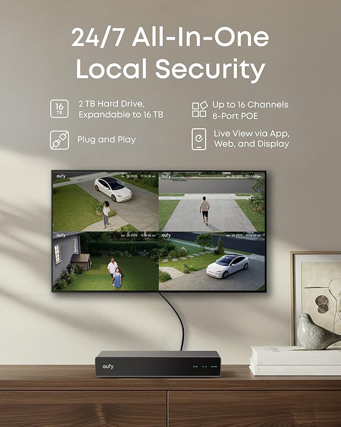 eufy PoE NVR Security System E41,24/7 Recording,Up to 16CH, 2TB HDD, 8 4K Turret Cams, Wired Outdoor Cam, 4K UHD, 122° FOV, Color Night Vision, AI Detection, Red and Blue Strobe