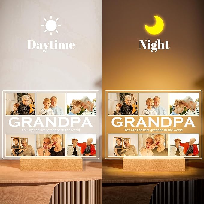Personalized Gifts for Grandpa from Daughter Son, Custom Picture Frames with Photos, Customized Photo Frame with Night Light, Personalized Birthday Gifts for Grandpa Baby Kids Family