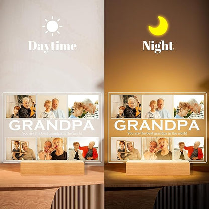 Personalized Gifts for Grandpa from Daughter Son, Custom Picture Frames with Photos, Customized Photo Frame with Night Light, Personalized Birthday Gifts for Grandpa Baby Kids Family