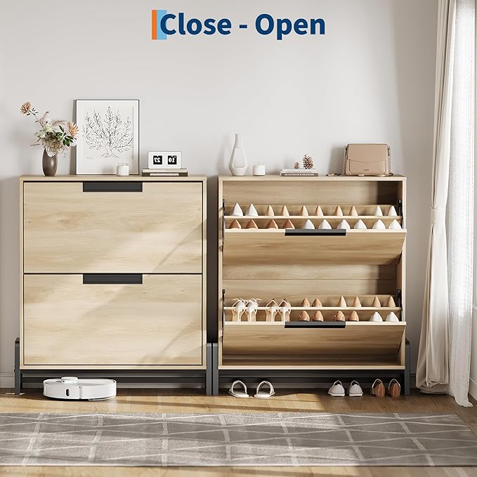 CABIHOME Shoe Storage Cabinet with 2 Flip Drawers, Freestanding Shoe Organizer with Metal Legs, Adjustable Shelf Narrow Shoe Rack Cabinet for Entryway, Hallway, Living Room, Oak