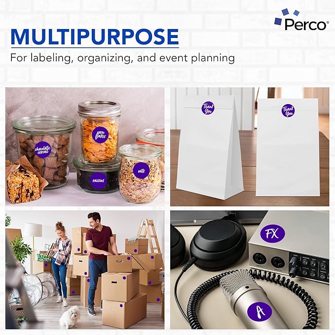 Perco Purple 2-Inch Round Circle Dot Sticker Labels with Easy Peel Perforation - 500 Labels per Roll - Strong Adhesion, Vibrant Colors for Organizing, Crafting & More - Made in USA