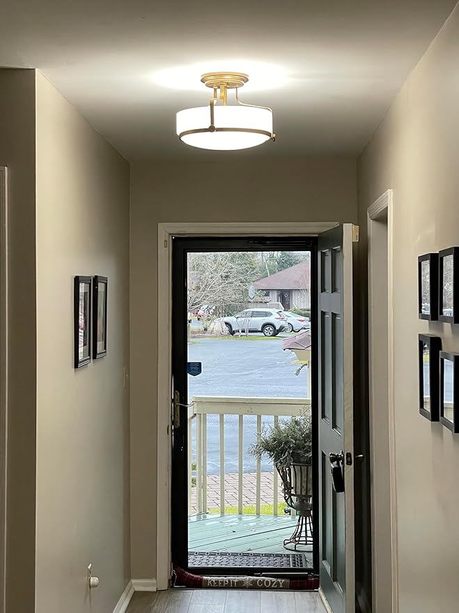 Hinkley Harper 3641HB Medium Semi-Flush Mount Ceiling Light for Kitchen, Bedroom, Bathroom, and Hallway, Sleek, Retro Style Heritage Brass and Etched Opal Glass