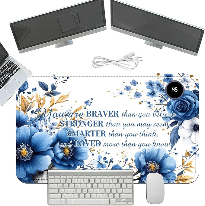 Heated Mouse Pad with 3 Temperature Settings(104°F–122°F),Large 24x14.2 Inch PU Leather Heated Desk Mat,Waterproof Warming Pad for Office,Gaming & Cold Hands Relief,Bule Flower Quotes