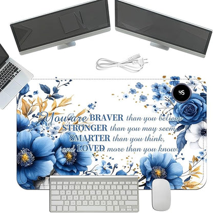 Heated Mouse Pad with 3 Temperature Settings(104°F–122°F),Large 24x14.2 Inch PU Leather Heated Desk Mat,Waterproof Warming Pad for Office,Gaming & Cold Hands Relief,Bule Flower Quotes