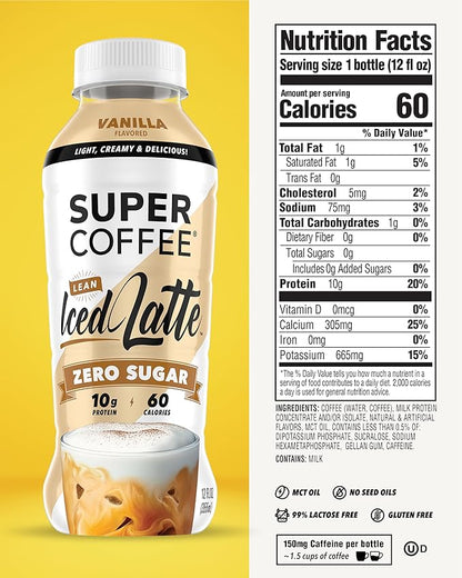Super Coffee, Ready To Drink Iced Coffee, Vanilla Latte (12 Ounce Bottles, Pack of 12) - Low Net Carbs, No Added Sugar, Keto Friendly, 10g of Protein, Low Calorie, Protein Coffee