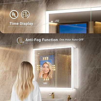 30x32 LED Medicine Cabinet Mirror with Double Lights-Front & Backlit, 155°Soft-close Hinge, Surface or Recessed Dimmable Lighted Medicine Cabinet Mirror with Clock Outlet Inner Light,Anti-fog