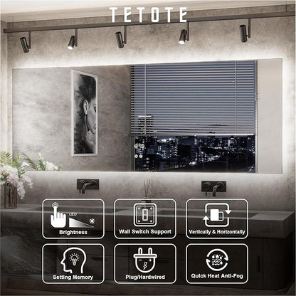 TETOTE 84 x 32 Inch LED Backlit Bathroom Mirror with Lights,Anti-Fog,Dimmable Lighted Mirror(Horizontal/Vertical) Wall Mounted Vanity Mordern Mirror