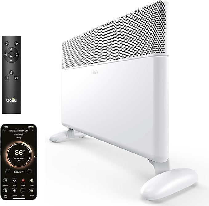Ballu Convection Panel Space Heater for Large Room,1500W Electric Heater with Programmable Thermostat,WiFi App Control,Standing or Wall Mount,Smart Quiet Heater for Indoor Use,Works with Alexa,White