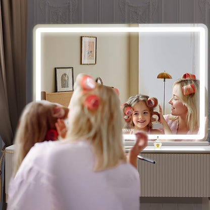 Hasipu Vanity Mirror with Lights and Bluetooth Speaker, 37.4" x 25.6" LED Makeup Mirror, Lighted Makeup Mirror with Dimmable 3 Modes, Touch Screen Control Vanity Mirror Round White