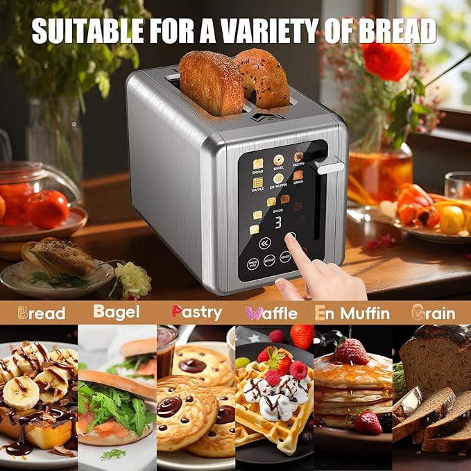 Touch screen Toaster 2 slice,Stainless Steel Digital Timer Toasters with Sound Function,6 Bread Types & 6 Shade Settings,Smart Extra Wide Slots Toaster with Bagel,Defrost Functions,Slate