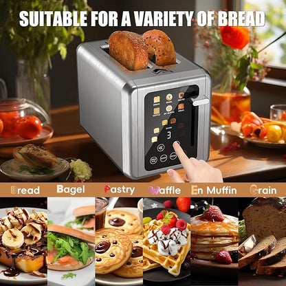 2 Slice Toaster,Touchscreen & Dual Independent Control Panel,5 Basic Functions & Digital Countdown Toasters,6 Shade Settings＆6 Bread Types,Smart Bread Maker Mute/Screen-Off,Silver