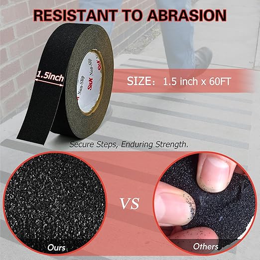 S&X Non Slip Tape 1 1/2 INCH x 60 FT Grip Tape for Stairs, Steps Waterproof and Durable, Black