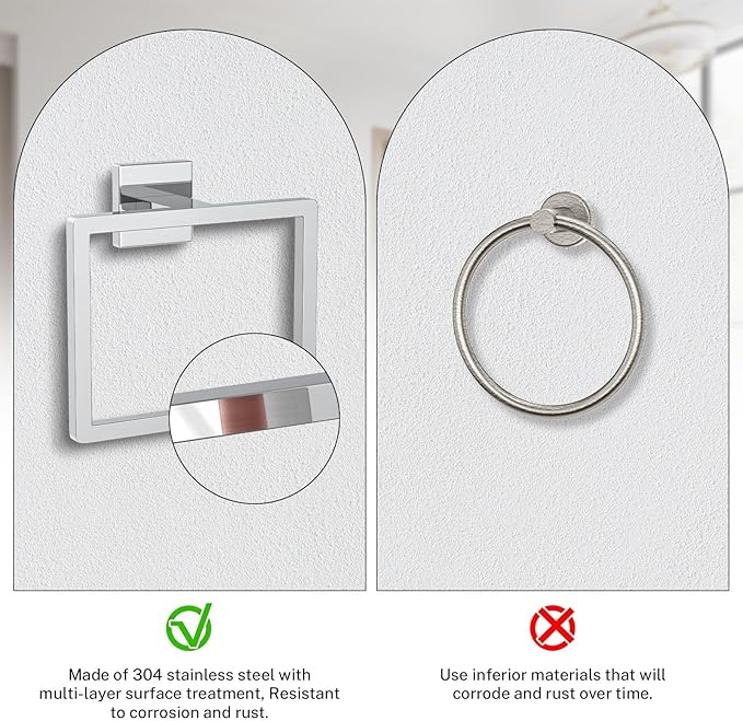 Polished Chrome Towel Ring Square Hand Towel Holder Towel Hanger Bathroom Hardware Accessories Stainless Steel Wall-Mounted Towel Rack