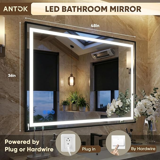 Antok 48X36 LED Bathroom Mirror with Lights, Vanity Mirror for Wall with Black Frame, Touch Control, Anti-Fog, Dimmable Lights, Shatter-Proof, Memory Function, Wall-Mounted Vanity Mirrors