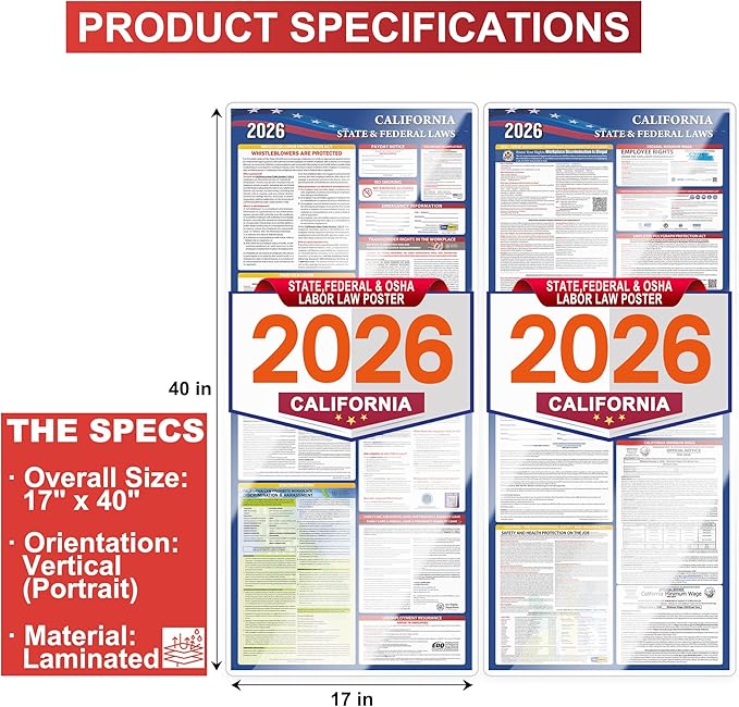 2026 California State and Federal Labor Laws Poster Set- OSHA Compliant UV Waterproof Laminated 17" x 40" English Version 2PCS Folded - All in One Compliance Posting