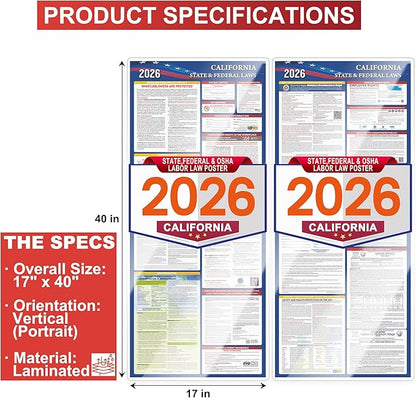 2026 California State and Federal Labor Laws Poster Set- OSHA Compliant UV Waterproof Laminated 17" x 40" English Version 2PCS Folded - All in One Compliance Posting