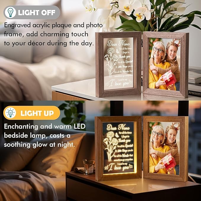 Christmas Grandma Gifts from Grandkids Granddaughter Grandson, Engraved Night Light with Nana Picture Frame 5x7, Nana Gifts Personalized Gift for Grandma Mimi Gigi Granny Grandmother Birthday Gift